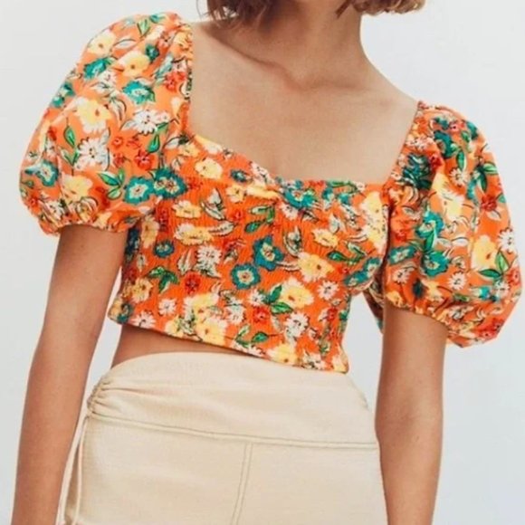 NWT Zara Orange Floral Crop Top Short Bubble Puff Sleeve Large - Picture 1 of 14
